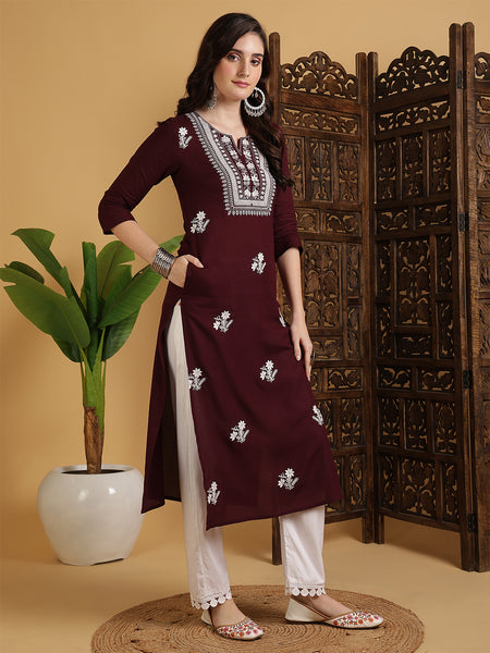 Wine Rayon Embroidered Calf Length Solid Straight Round Neck Kurta