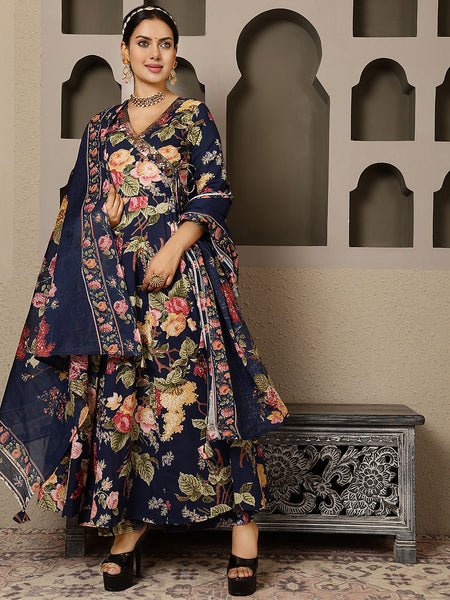 Navy Cotton Calf Length Printed V-Neck Anarkali Kurta Suit Set