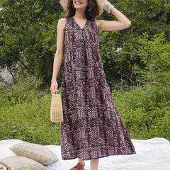 Gulmohar Jaipur Rayon Calf Length Printed Sleeveless V-Neck Flared Dress