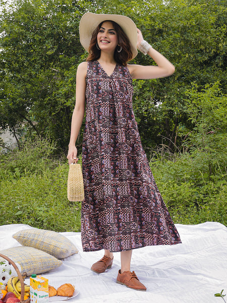 Gulmohar Jaipur Rayon Calf Length Printed Sleeveless V-Neck Flared Dress