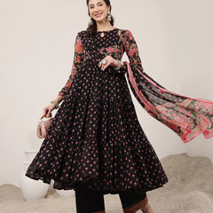 Malmal Calf Length Printed Full Sleeve Key Hole Neck Flared Kurta Suit Set