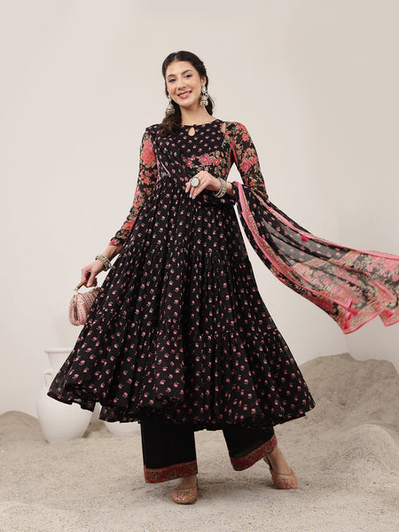 Malmal Calf Length Printed Full Sleeve Key Hole Neck Flared Kurta Suit Set