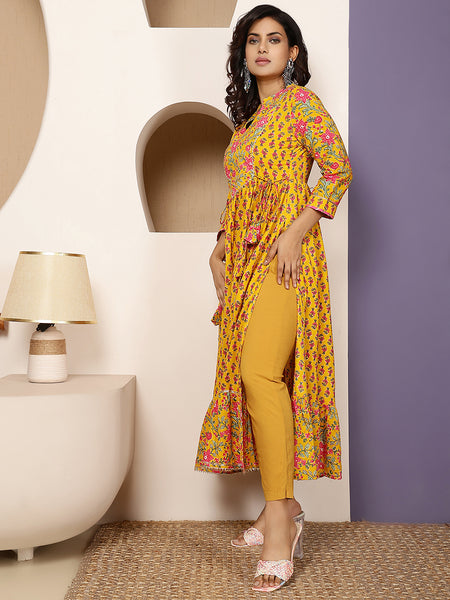 Mustard Cotton Calf Length Printed Round Flared Gown