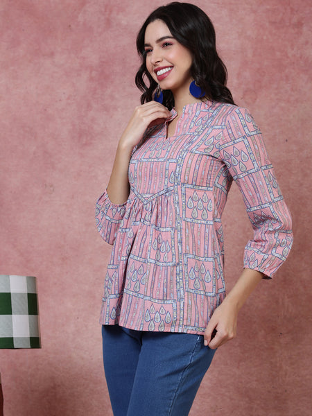 Rayon Short Length Length Printed Regular 3/4 Sleeves Mandarin Top