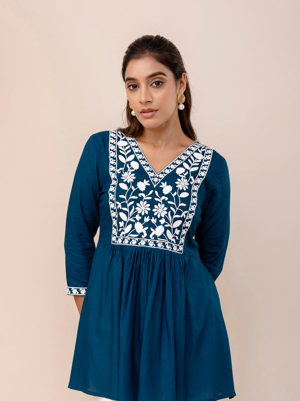 Blue Rayon Hip Length Solid V-Neck Solid Embroidered Semi-Flared Top