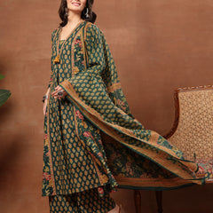 Cotton Calf Length Printed 3/4 Sleeves V-Neck Flared Kurta Suit Set
