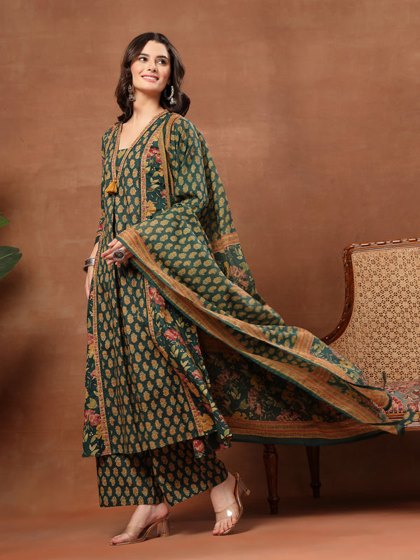 Cotton Calf Length Printed 3/4 Sleeves V-Neck Flared Kurta Suit Set
