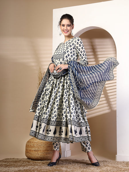 Cotton Calf Length Printed Round Neck Anarkali Kurta Suit Set