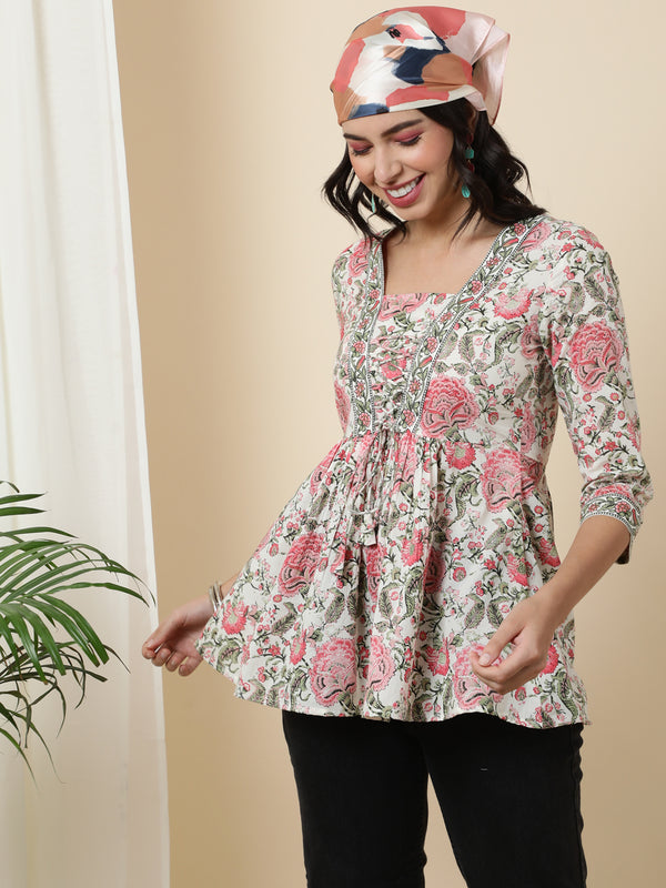 Cotton Short Length Length Printed Flared 3/4 Sleeves Square Top