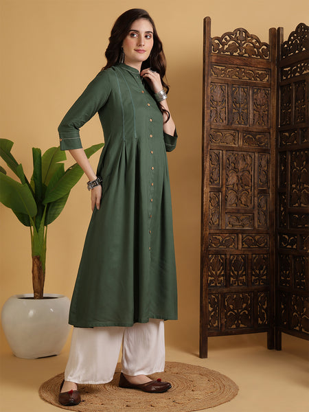 Green Rayon Calf Length Solid A-Line Mandarin Neck Kurta