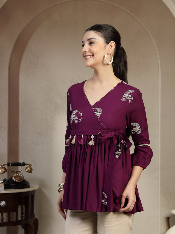 Gulmohar Jaipur Rayon Hip Length Printed 3/4 Sleeves V-Neck Flared Top