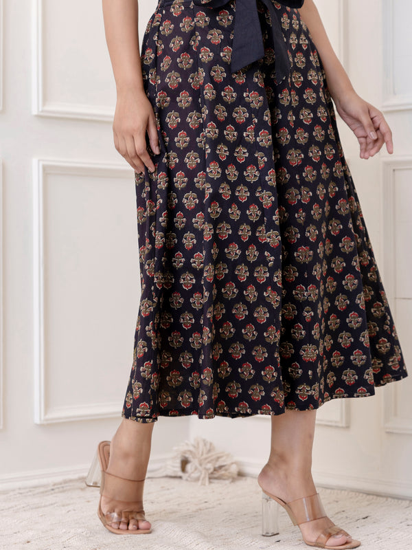 Navy Cotton Calf Length Printed Flared Palazzo