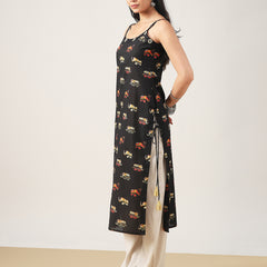 Rayon Calf Length Printed Sleeveless Strappy Straight Kurta