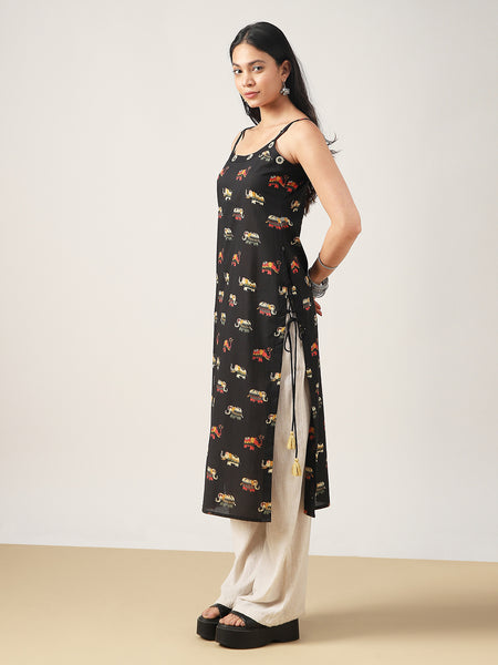 Rayon Calf Length Printed Sleeveless Strappy Straight Kurta