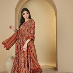 Gulmohar Jaipur Cotton Calf Length Printed 3/4 Sleeves Round Neck Anarkali Kurta Suit Set