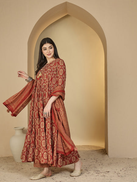 Gulmohar Jaipur Cotton Calf Length Printed 3/4 Sleeves Round Neck Anarkali Kurta Suit Set