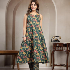 Cotton Calf Length Printed Sleeveless V-Neck Flared Kurta Suit Set