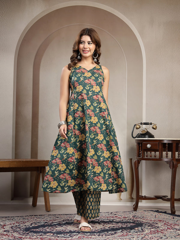 Cotton Calf Length Printed Sleeveless V-Neck Flared Kurta Suit Set