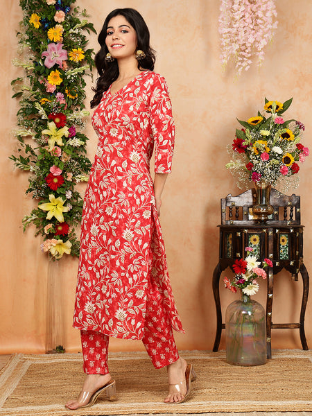 Red Cotton Calf Length Printed V-Neck Straight Kurta Suit Set