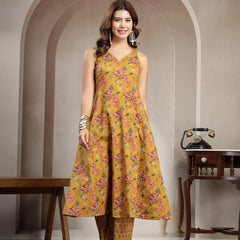 Cotton Calf Length Printed Sleeveless V-Neck Flared Kurta Suit Set