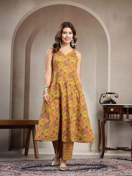 Cotton Calf Length Printed Sleeveless V-Neck Flared Kurta Suit Set