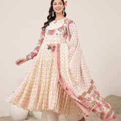 Malmal Calf Length Printed Full Sleeve Key Hole Neck Flared Kurta Suit Set