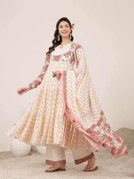 Malmal Calf Length Printed Full Sleeve Key Hole Neck Flared Kurta Suit Set