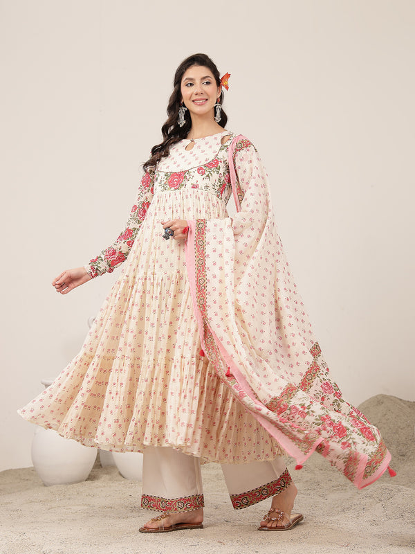 Malmal Calf Length Printed Full Sleeve Key Hole Neck Flared Kurta Suit Set