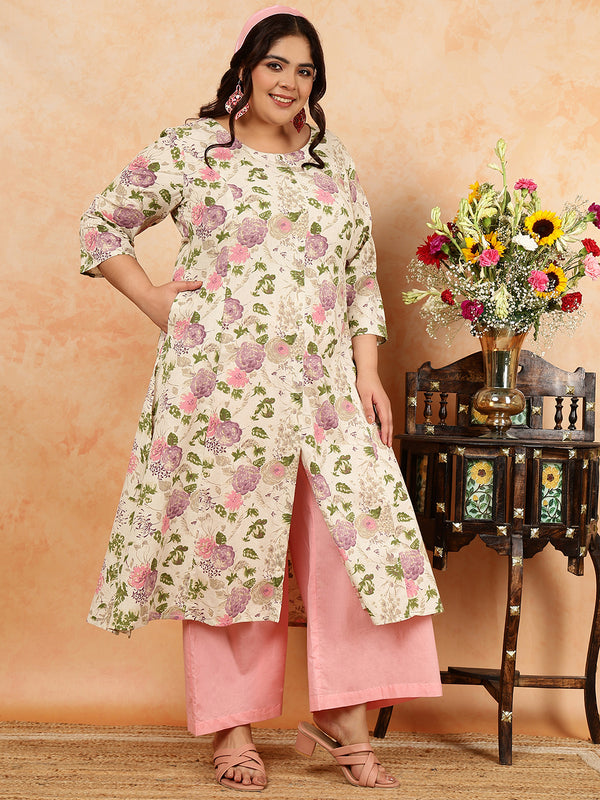 Cotton Flex  Calf Length Printed A-Line 3/4 Sleeves Round Kurta (Plus+)