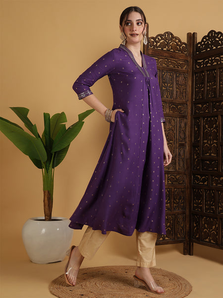 Purple Rayon Calf Length Solid Semi-Flared V-Neck Kurta