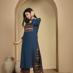 Gulmohar Jaipur Rayon Calf Length Solid 3/4 Sleeves V-Neck Straight Kurta Suit Set