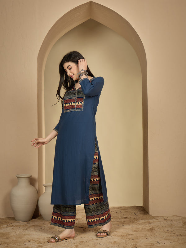 Gulmohar Jaipur Rayon Calf Length Solid 3/4 Sleeves V-Neck Straight Kurta Suit Set