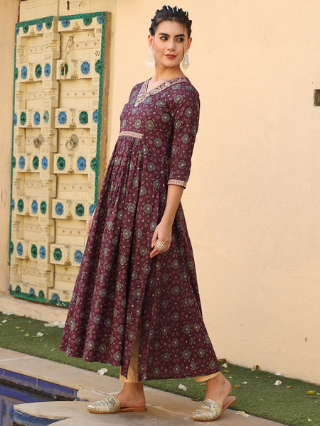 Wine Cotton Calf Length Printed Semi-Flared V-Neck Kurta