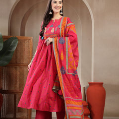 Gulmohar Jaipur Rayon Calf Length Printed 3/4 Sleeves Round Neck A-Line Kurta Suit Set