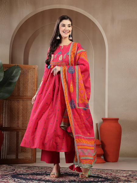 Gulmohar Jaipur Rayon Calf Length Printed 3/4 Sleeves Round Neck A-Line Kurta Suit Set