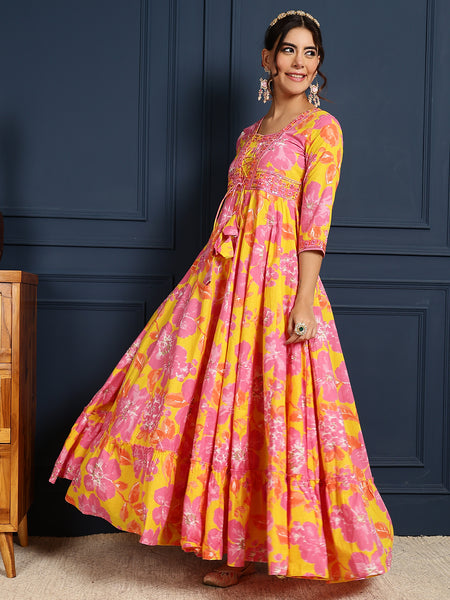 Yellow Cotton Ankle Length Printed V-Neck  Anarkali Gown