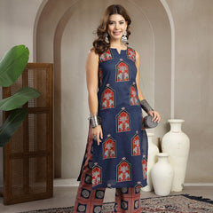Cotton Calf Length Printed Sleeveless Round Neck Straight Kurta Suit Set