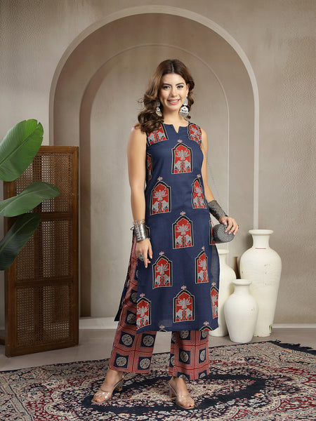 Cotton Calf Length Printed Sleeveless Round Neck Straight Kurta Suit Set