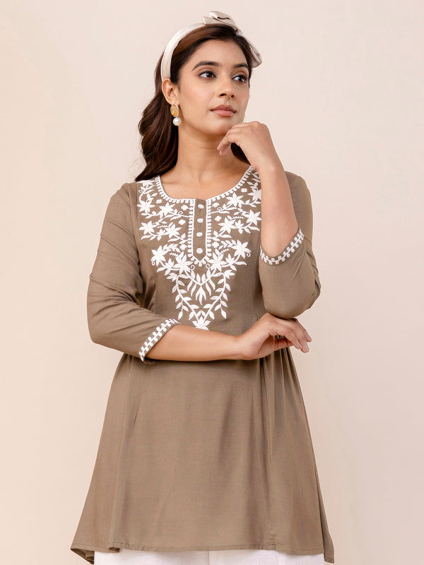 Grey Rayon Hip Length Solid Round Neck Solid Embroidered Straight Top