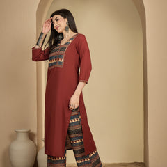 Gulmohar Jaipur Rayon Calf Length Solid 3/4 Sleeves V-Neck Straight Kurta Suit Set