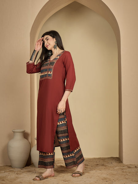 Gulmohar Jaipur Rayon Calf Length Solid 3/4 Sleeves V-Neck Straight Kurta Suit Set