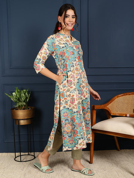 Blue Cotton Flex Calf Length Printed Mandarin Coller A-Line Kurta