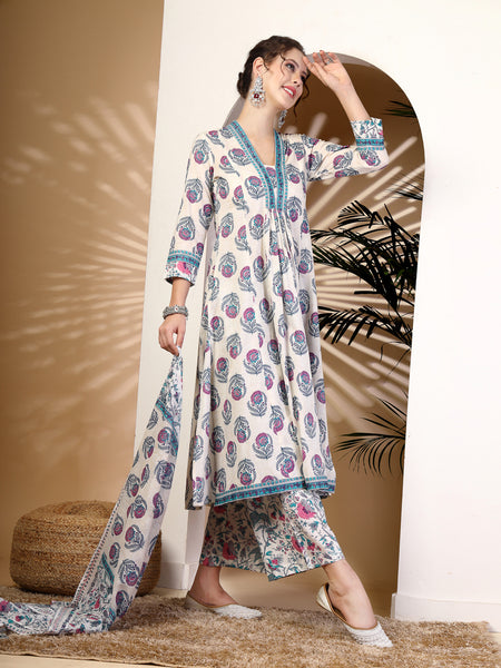 Blue Cotton Calf Length Printed V-Neck Anarkali Kurta Suit Set