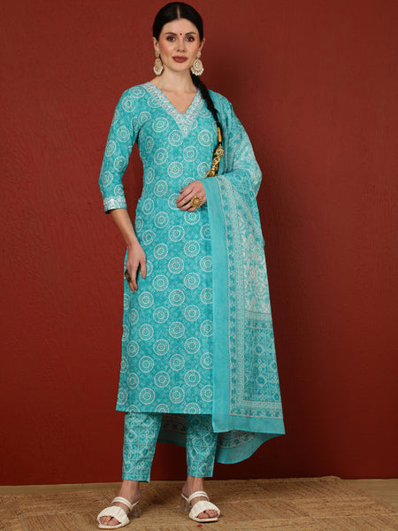 Cotton Calf Length Printed Straight 3/4 Sleeves V-Neck Kurta Bottom Dupatta Set