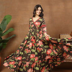 Cotton Ankle Length Printed 3/4 Sleeves V-Neck Flared Kurta