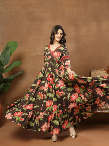 Cotton Ankle Length Printed 3/4 Sleeves V-Neck Flared Kurta