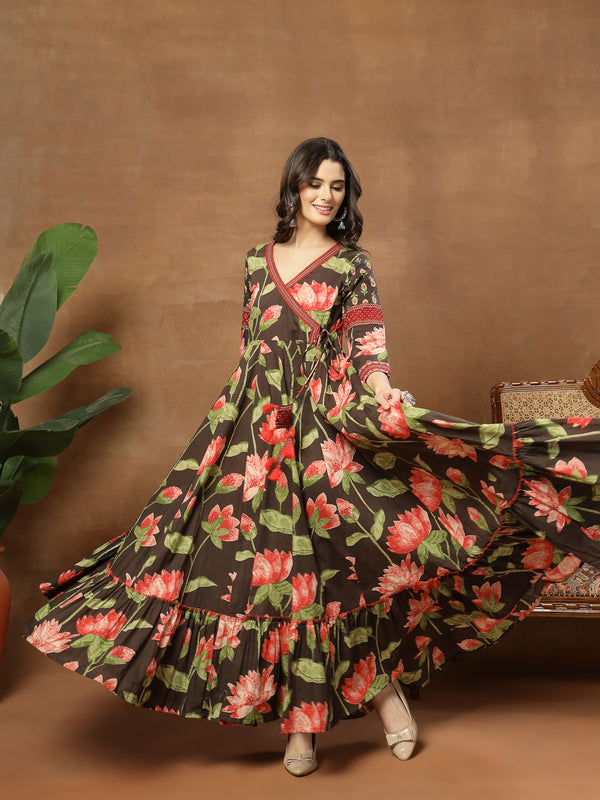 Cotton Ankle Length Printed 3/4 Sleeves V-Neck Flared Kurta