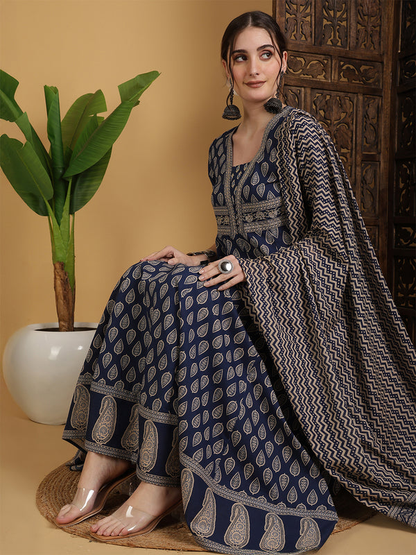 Blue Cotton Calf Length Printed V-Neck Anarkali Kurta Suit Set
