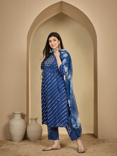 Gulmohar Jaipur Cotton Calf Length Printed 3/4 Sleeves Round Neck Flared Kurta Suit Set