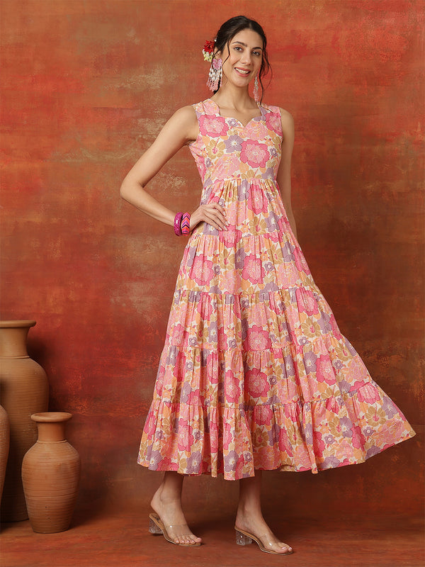 Pink Pure Cotton Calf Length Solid  Sweetheart Neck Flared Kurta